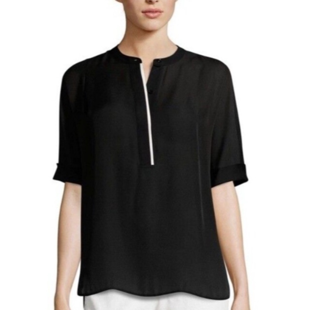 ❤️ VINCE 100% Silk Black contrast bloyse short sleeve black shirt top